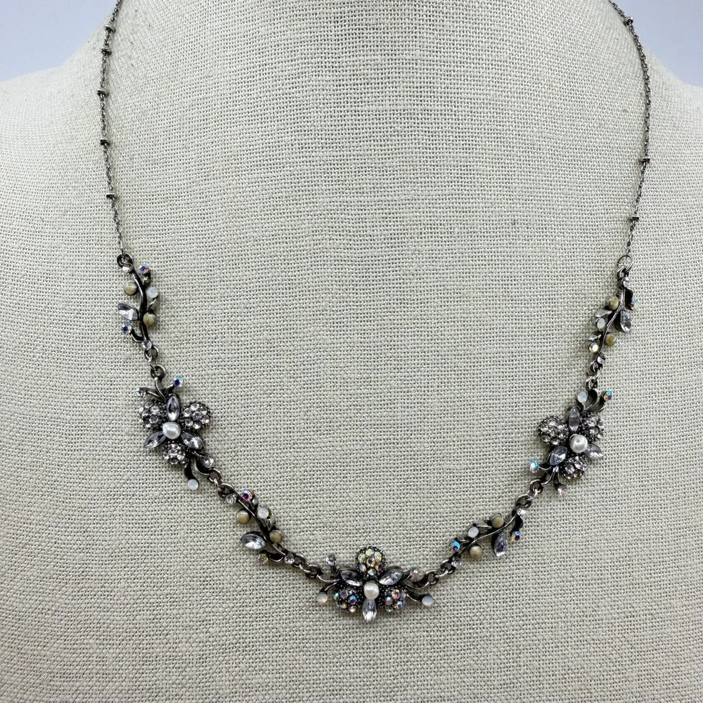 Gunmetal Floral Rhinestone Faux Pearl Necklace Cottagecore Statement Jewelry